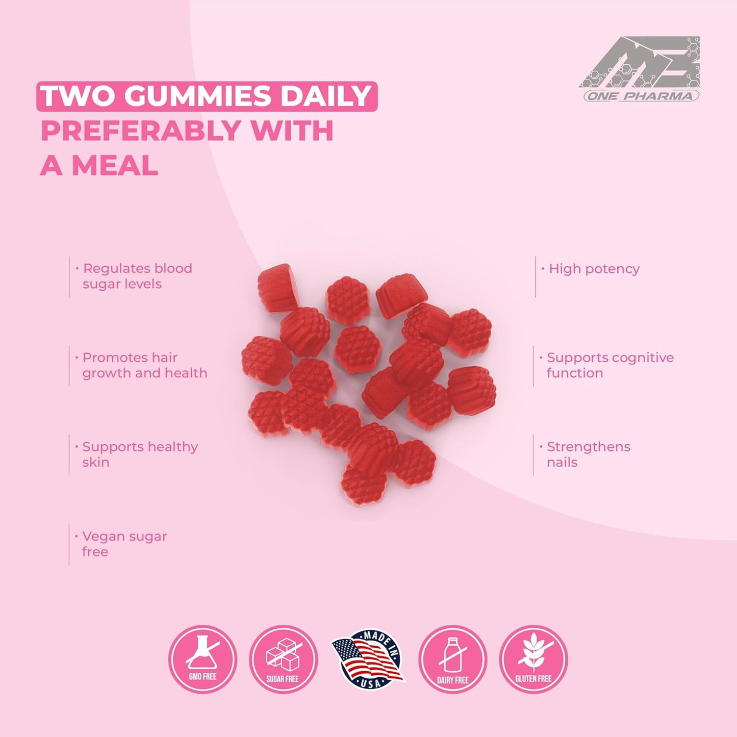 MB One Pharma Biotin Gummies - 10000 Mcg High Potency Hair, Skin, Nails Strengthening - Non-GMO Pectin Plant Based - Kids & Adults - Strawberry Flavor - 2 Pack