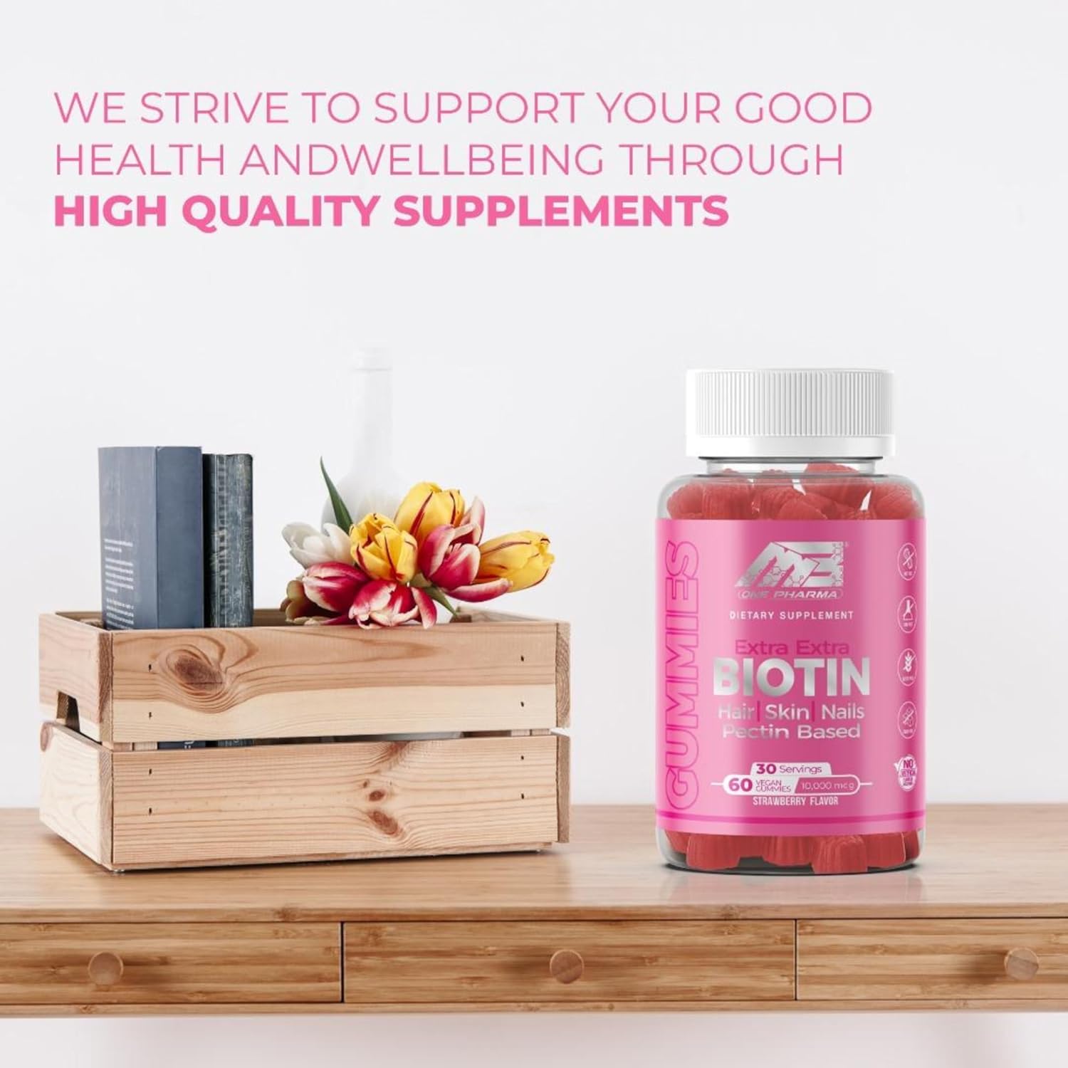 MB One Pharma Biotin Gummies - 10000 Mcg High Potency Hair, Skin, Nails Strengthening - Non-GMO Pectin Plant Based - Kids & Adults - Strawberry Flavor - 2 Pack