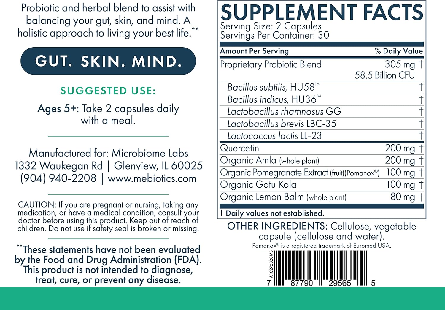 Mebiotics Probiotic & Herbal Supplement Dry 1 - Lactobacillus Rhamnosus + Lemon Balm for Skin & Gut - Oral Probiotics (60 Capsules)