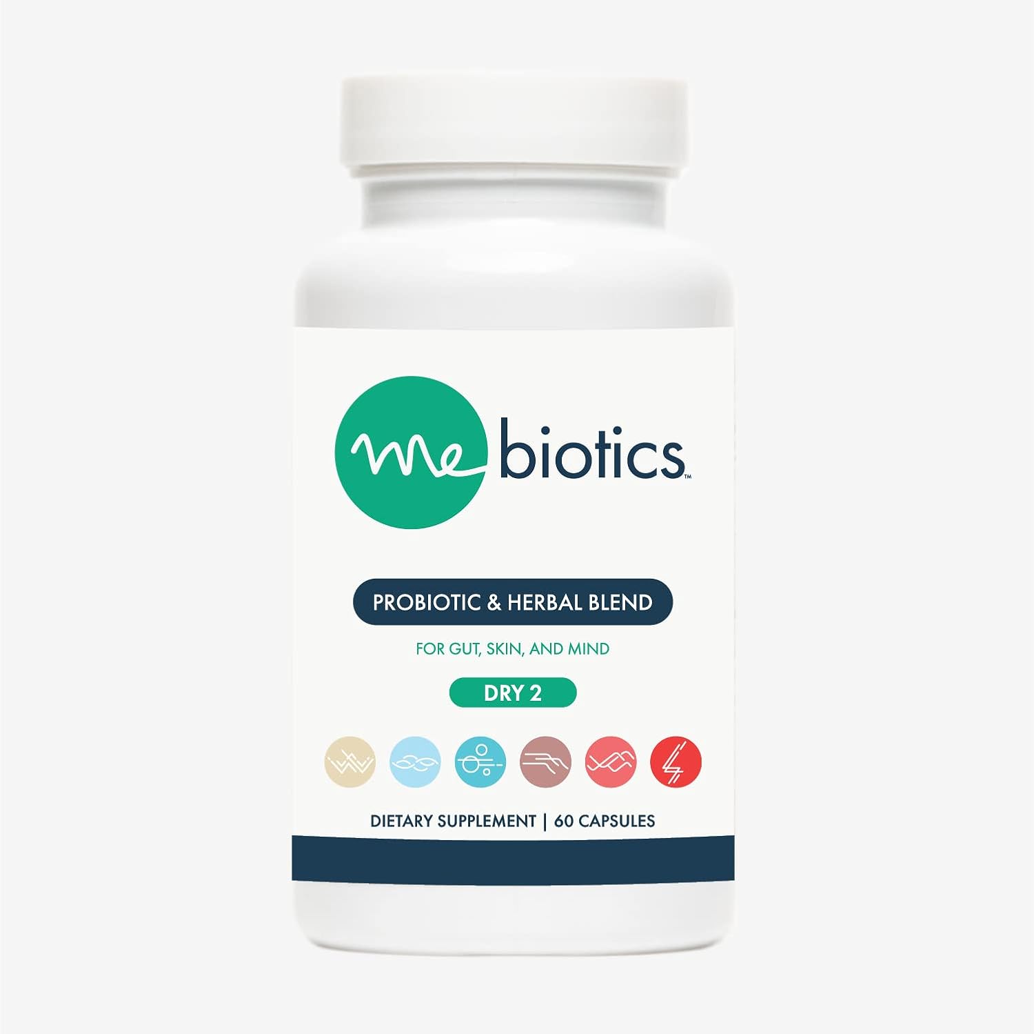 Mebiotics Probiotic & Herbal Supplement Dry 2 - Bacillus Subtilis + Lemon Balm for Skin + Gut Health - Oral Probiotics for Dry Skin - 60 Capsules