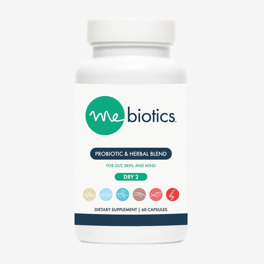 Mebiotics Probiotic & Herbal Supplement Dry 2 - Bacillus Subtilis + Lemon Balm for Skin + Gut Health - Oral Probiotics for Dry Skin - 60 Capsules