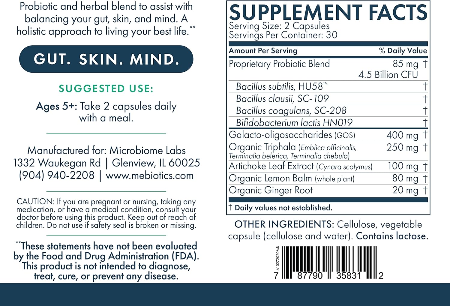 Mebiotics Probiotic & Herbal Supplement with Bacillus Subtilis & Lemon Balm for Gut, Mind & Skin Health - 60 Count