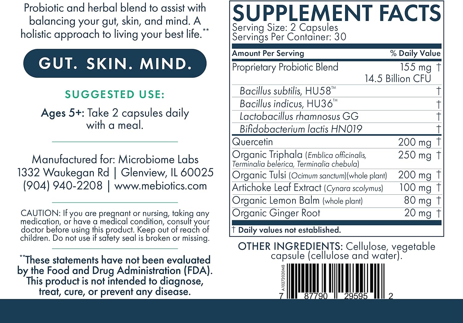 Mebiotics Probiotic & Herbal Supplement with Bacillus Subtilis & Lemon Balm - Supports Gut, Mind, Skin - 60 Capsules