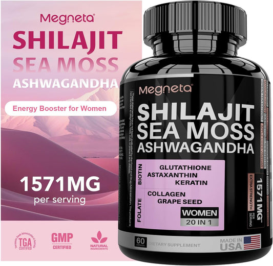 MEGNETA Women's Energy Boost Supplement with Sea Moss, Shilajit, Ashwagandha, and Glutathione - 60 Capsules