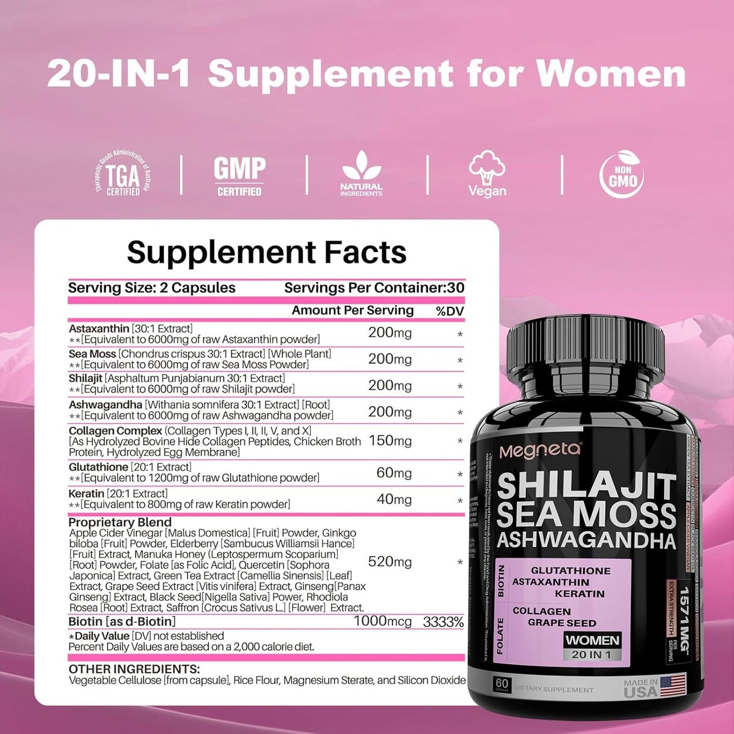 MEGNETA Women's Energy Boost Supplement with Sea Moss, Shilajit, Ashwagandha, and Glutathione - 60 Capsules