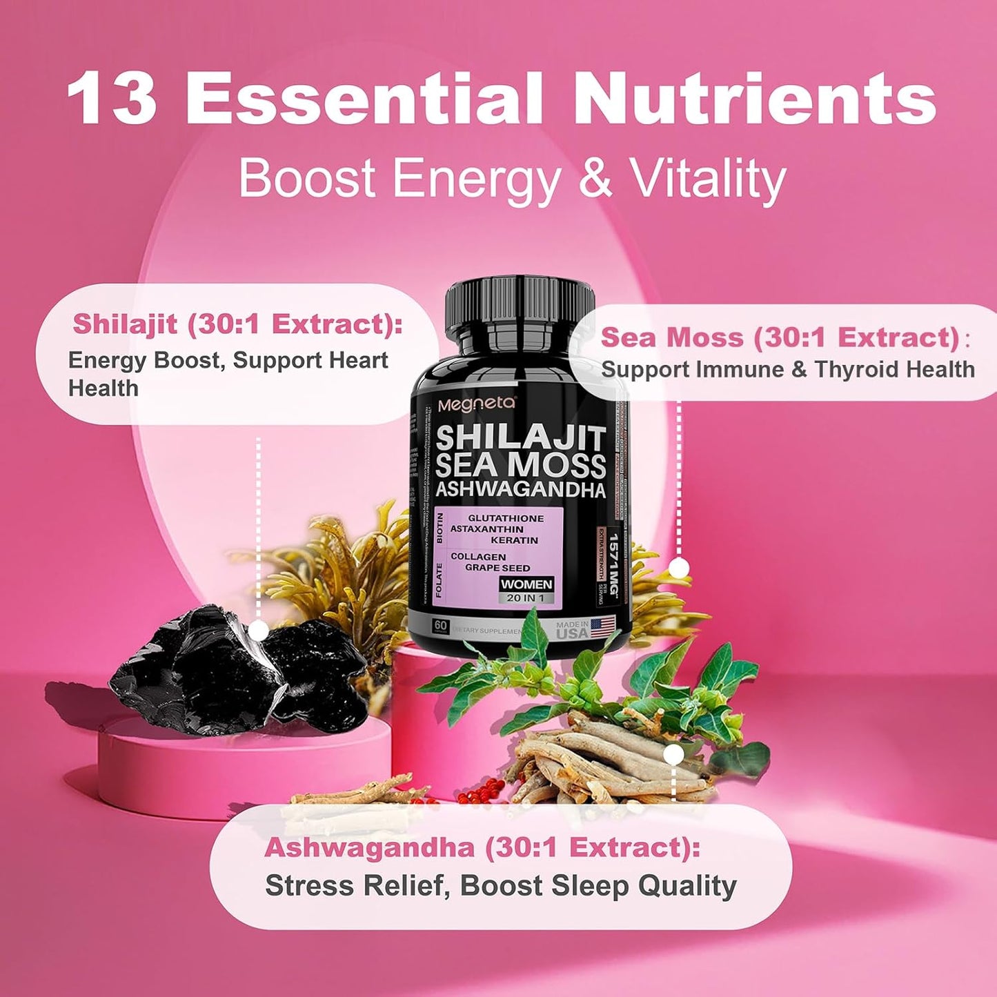 MEGNETA Women's Energy Boost Supplement with Sea Moss, Shilajit, Ashwagandha, and Glutathione - 60 Capsules