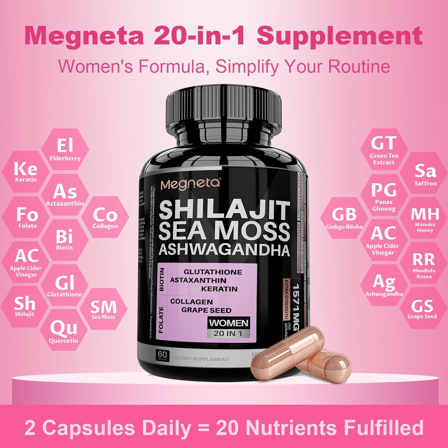 MEGNETA Women's Energy Boost Supplement with Sea Moss, Shilajit, Ashwagandha, and Glutathione - 60 Capsules