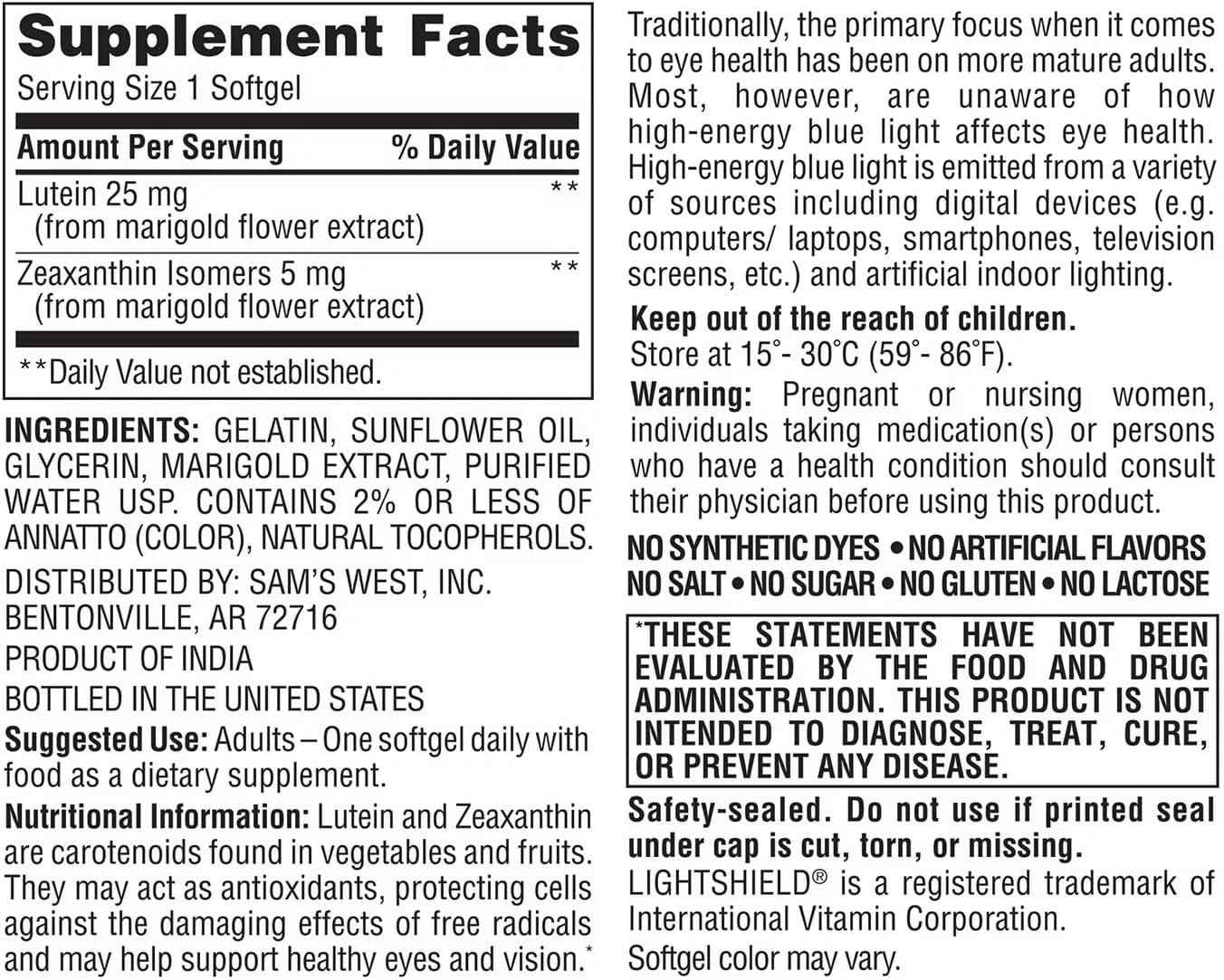 Members Mark Lutein 25mg Zeaxanthin 5mg (150 Count)