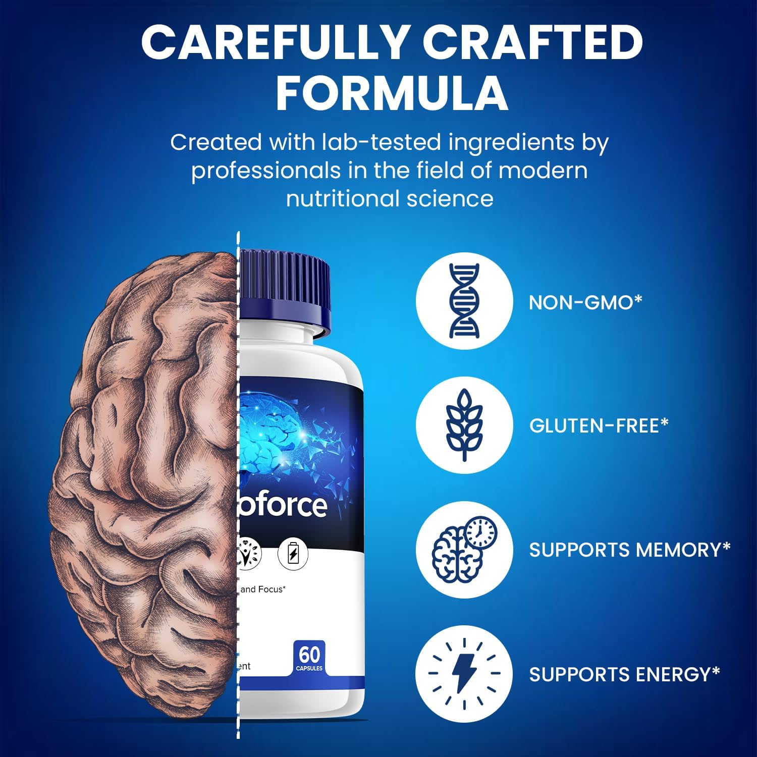 MemoForce All-Natural Brain Supplement Capsules - Maximum Strength Formula for Memory and Focus - 5 Pack (300 Capsules)