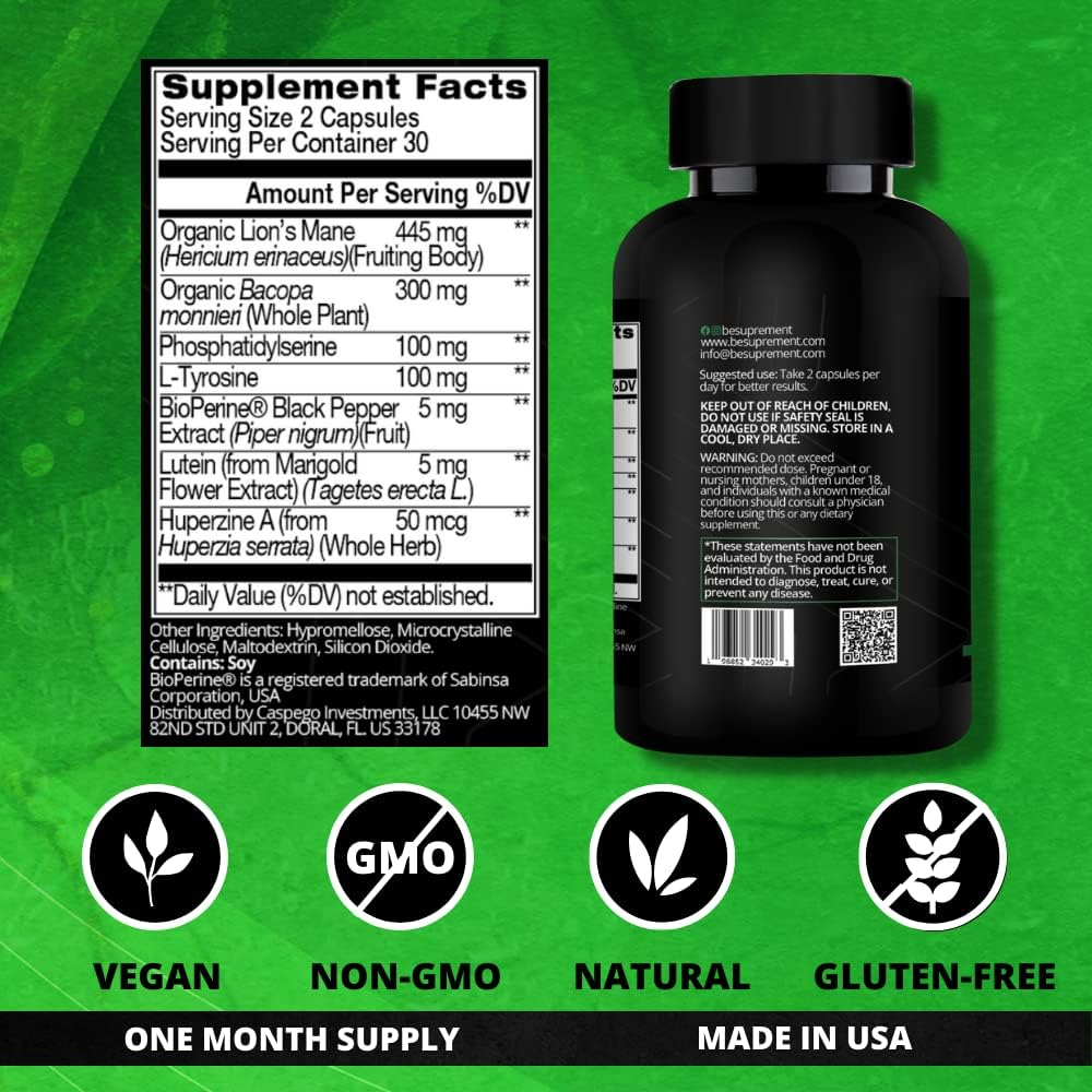 Memory and Focus Supplements with Lions Mane and Bacopa Monnieri - 60 Count, Brain Support for Men & Women - Mind Booster for Enhanced Focus and Memory