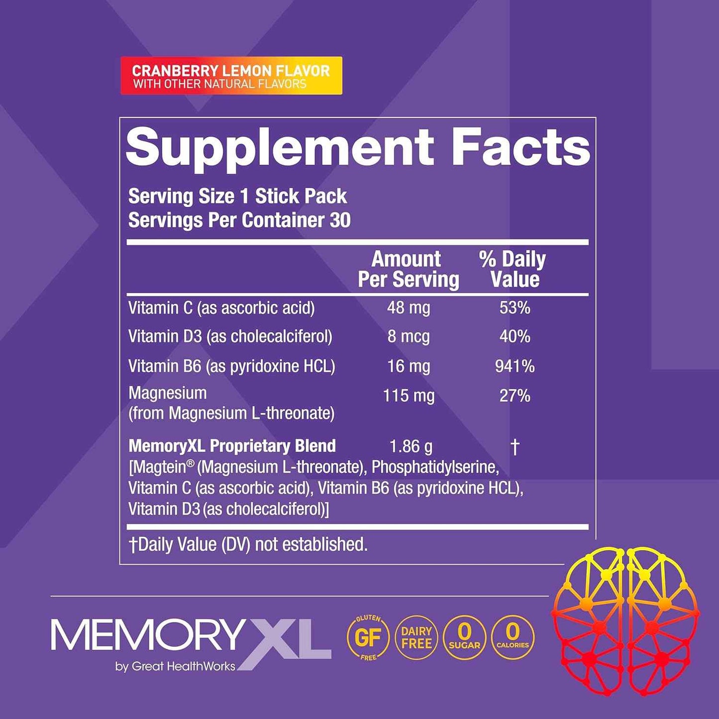 MemoryXL, Magnesium L-Threonate: Brain Supplement for Memory & Focus; Magtein®, Phosphatidylserine, Vitamin Mix. Improves Memory Focus Attention Learning & Logic. 0 Sugar, 0 Cal, 30pk Cranberry Lemon