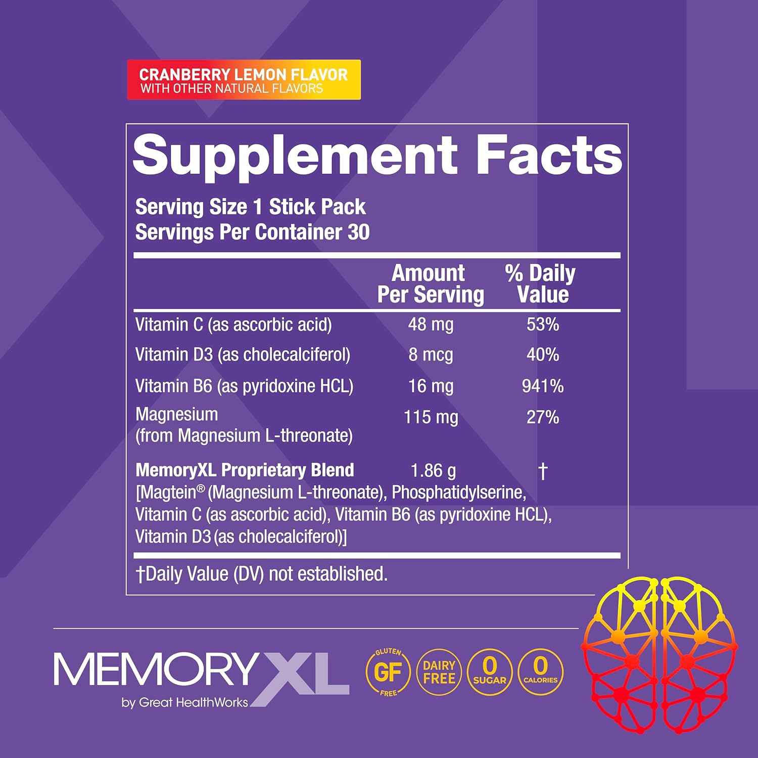 MemoryXL, Magnesium L-Threonate: Brain Supplement for Memory & Focus; Magtein®, Phosphatidylserine, Vitamin Mix. Improves Memory Focus Attention Learning & Logic. 0 Sugar, 0 Cal, 30pk Cranberry Lemon
