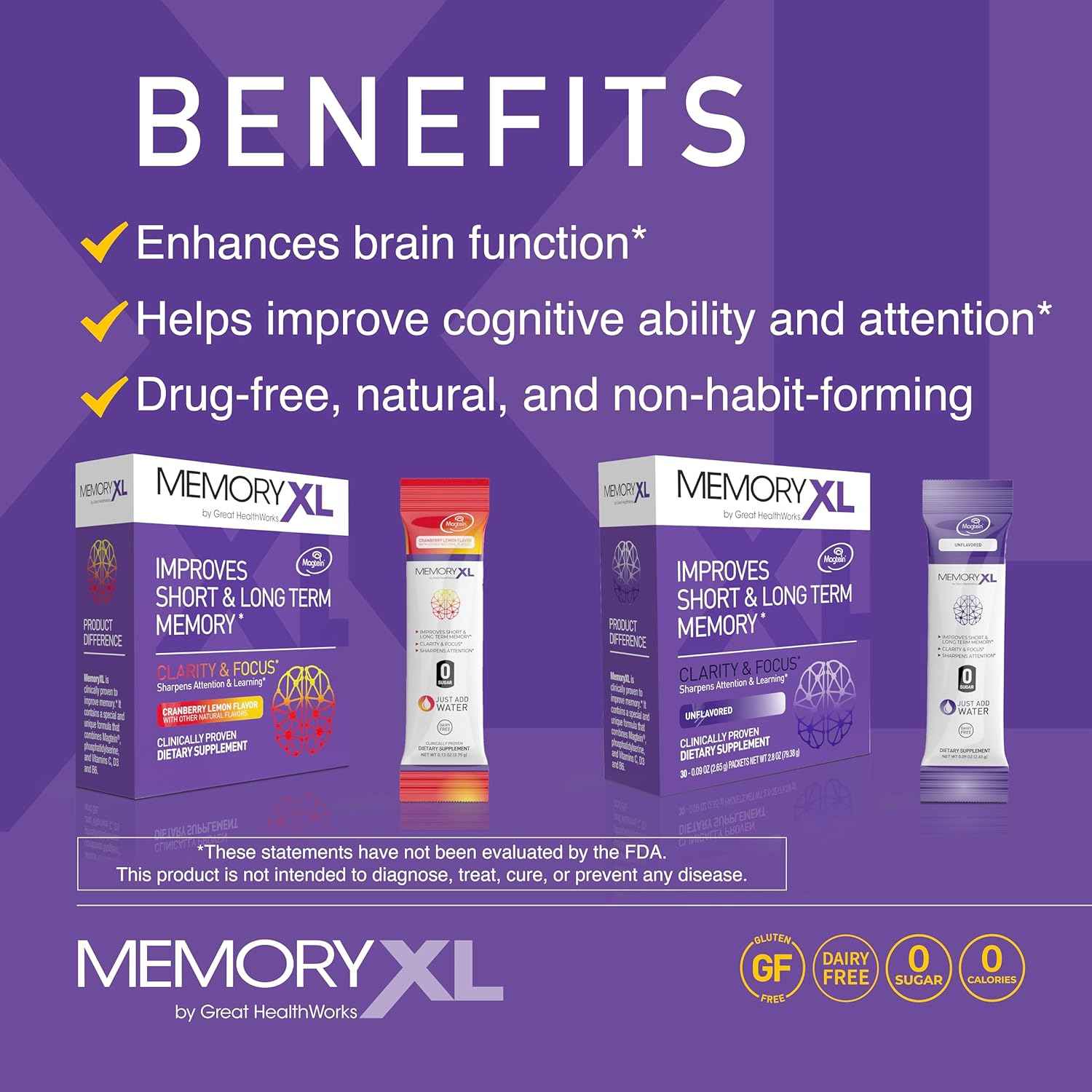 MemoryXL, Magnesium L-Threonate: Brain Supplement for Memory & Focus; Magtein®, Phosphatidylserine, Vitamin Mix. Improves Memory Focus Attention Learning & Logic. 0 Sugar, 0 Cal, 30pk Cranberry Lemon