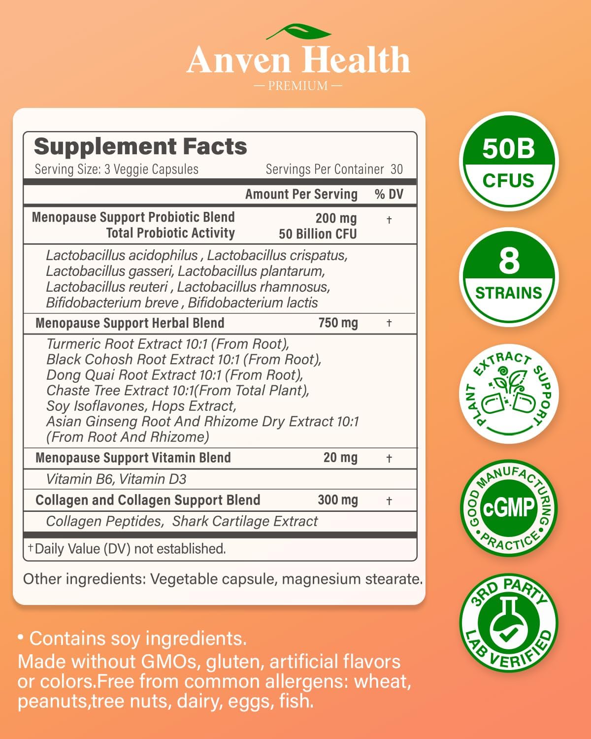 Menopause Relief Supplements for Women with Probiotics, Herbs, Collagen Peptides & Vitamins - 270 Veggie Caps