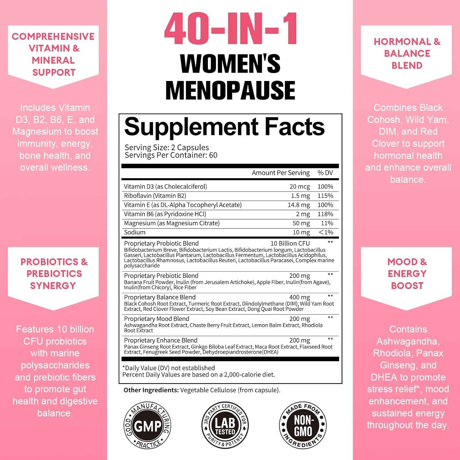 Menopause Supplements for Women, Multibenefit & Complete Black Cohosh Menopause Probiotics for Women, Natural Ingredients, Red Clover, DIM and More
