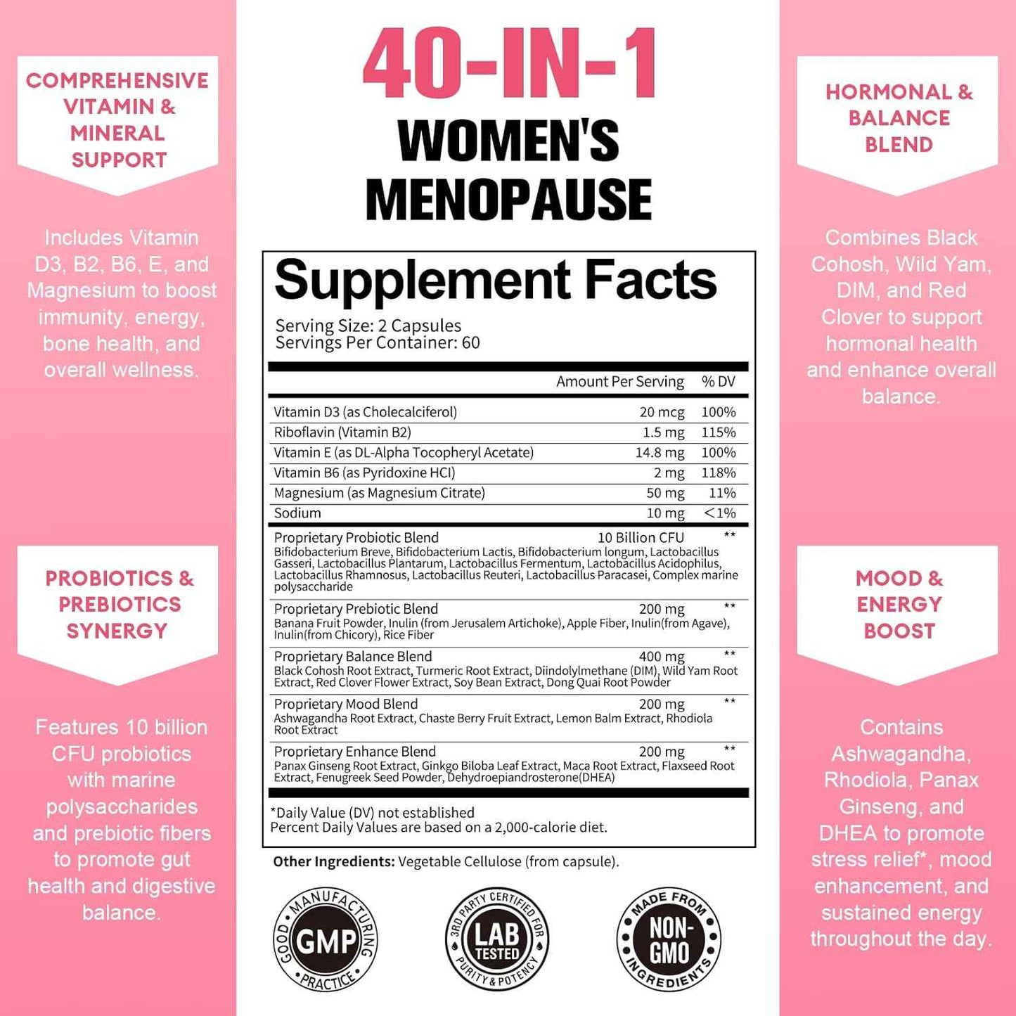 Menopause Supplements for Women, Multibenefit & Complete Black Cohosh, Ashwangandha Roots, Menopause Probiotics for Women, All-Natural Probiotic, Premium Ingredients