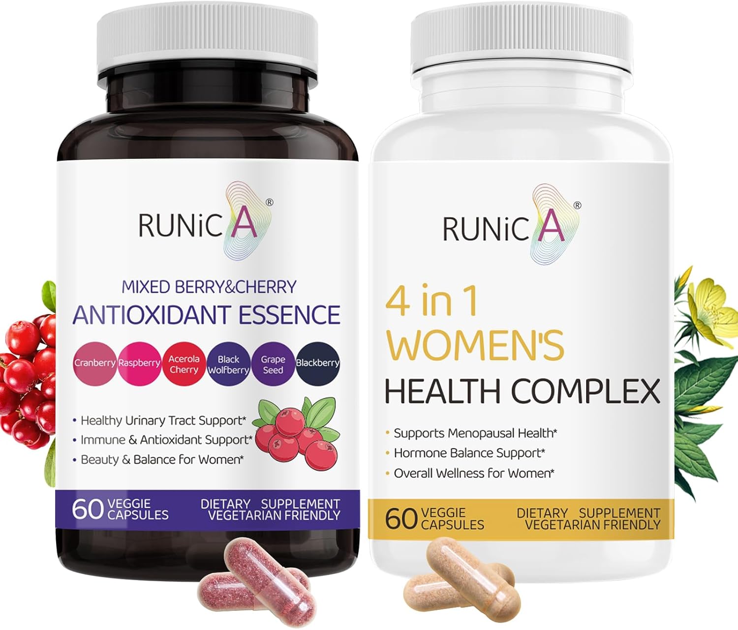 Menopause Support & Antioxidant Bundle - RUNICA 4 in 1 Women Menopause Supplement with Mixed Berry Cherry Antioxidants