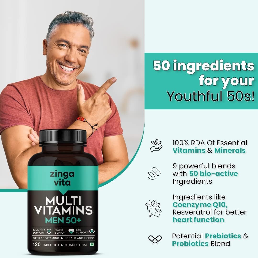 Men's 50+ Multivitamin with Herbal Extracts & Antioxidants - 120 Tablets for Energy, Heart, Immunity, Joints & Eyes - 1 Daily Veg Tablet