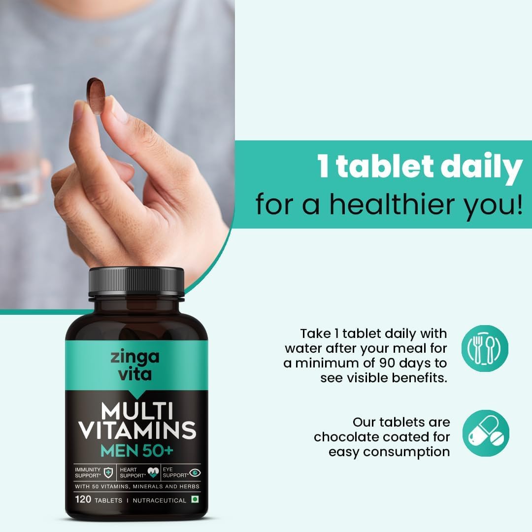 Men's 50+ Multivitamin with Herbal Extracts & Antioxidants - 120 Tablets for Energy, Heart, Immunity, Joints & Eyes - 1 Daily Veg Tablet