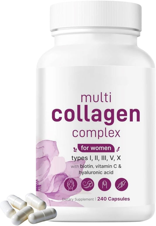 Men's and Women's Vitamin-Rich Collagen Pills with Super Collagen Peptides - Supports Skin and Intestinal Health - 240 Pills, Non-Pigmented