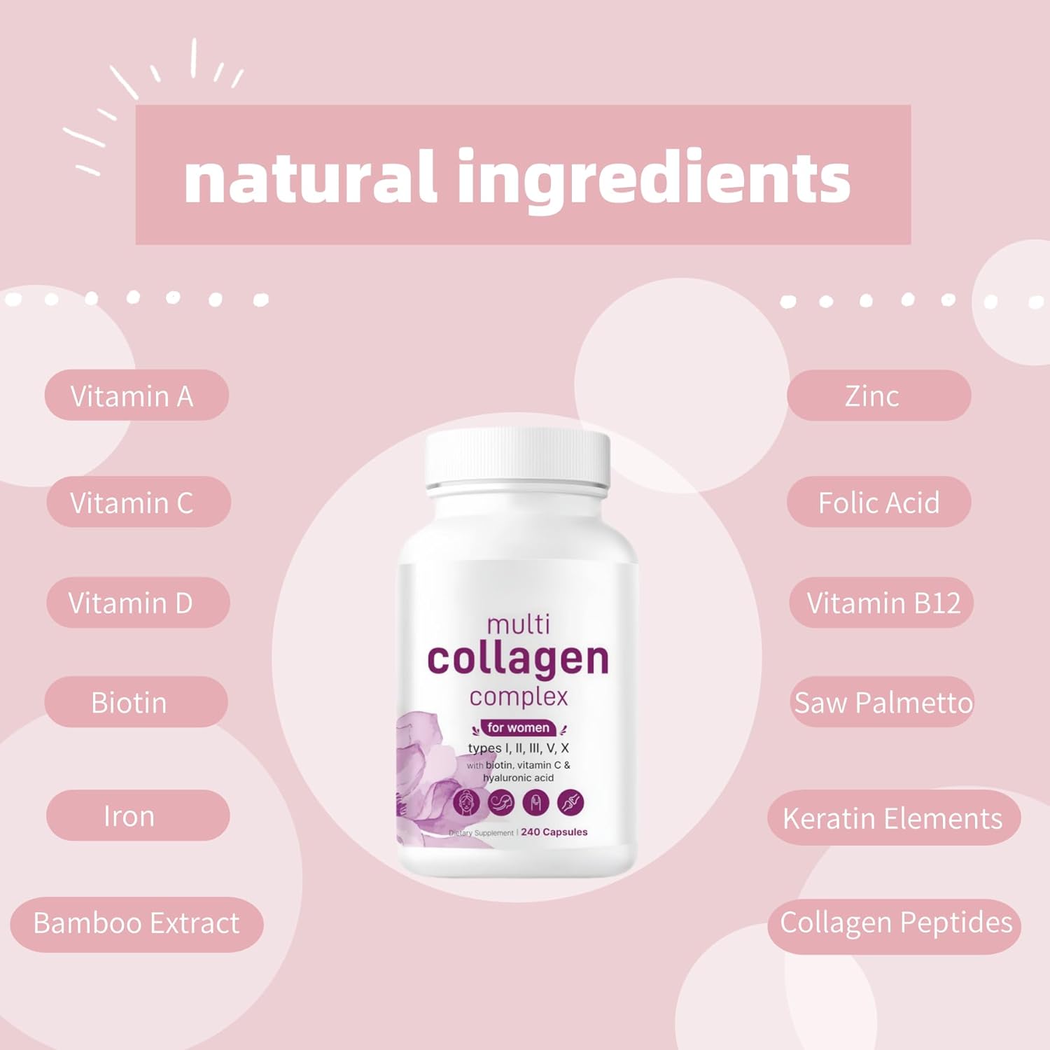 Men's and Women's Vitamin-Rich Collagen Pills with Super Collagen Peptides - Supports Skin and Intestinal Health - 240 Pills, Non-Pigmented