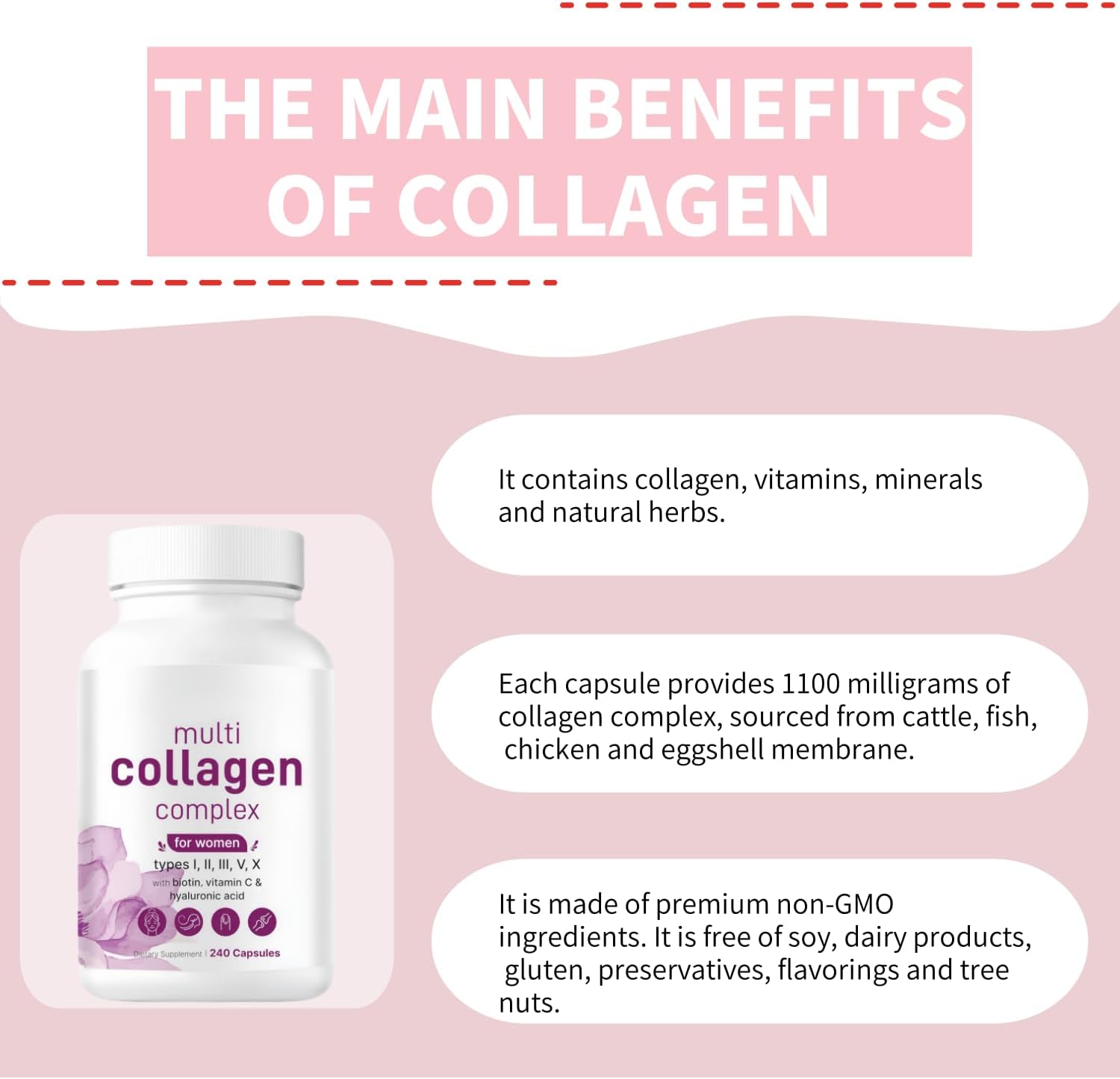 Men's and Women's Vitamin-Rich Collagen Pills with Super Collagen Peptides - Supports Skin and Intestinal Health - 240 Pills, Non-Pigmented