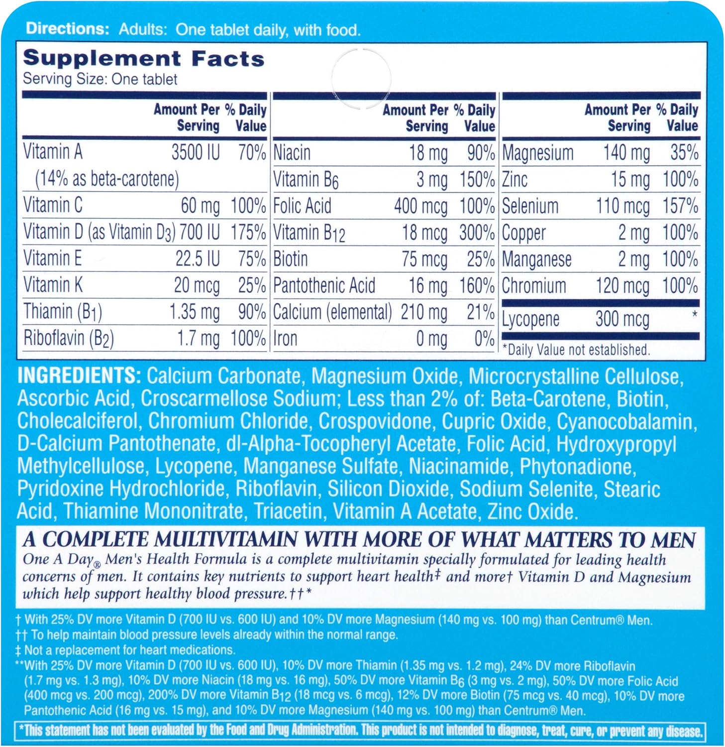 Men's Daily Multivitamin with Vitamins A, C, E, B1, B2, B6, B12, Calcium & D - 60 Count