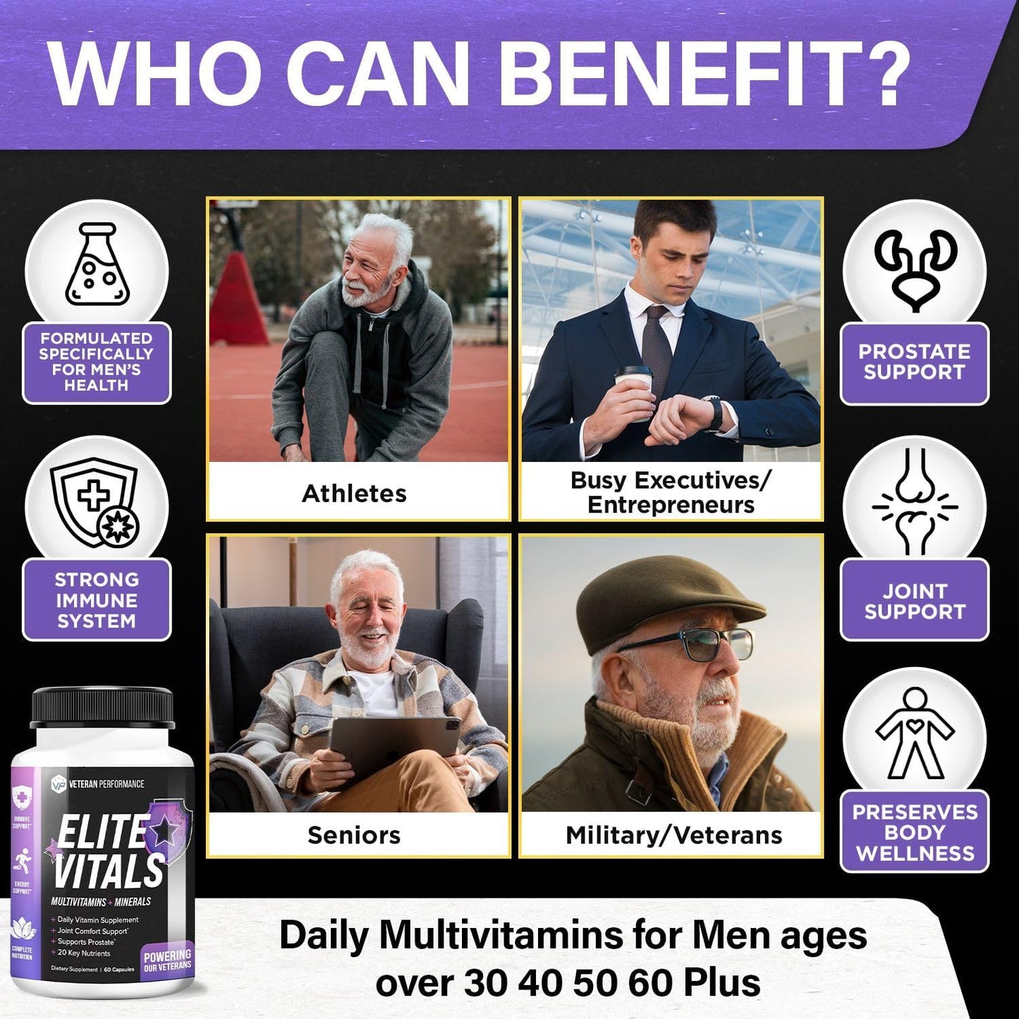 Men's Elite Vitals Multivitamin - Prostate, Energy, Immune & Joint Support - Daily Vitamins & Minerals for Men Over 20 - 2 Pack
