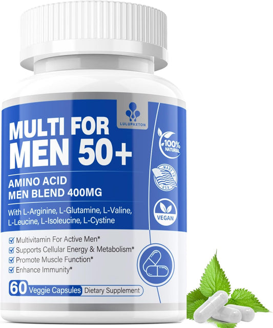 Men's Multivitamin 50 Plus with 23 Essential Vitamins & Minerals, Aminos Blend for Energy, Prostate, Bone & Muscle Strength, Immune Support - 60 Count