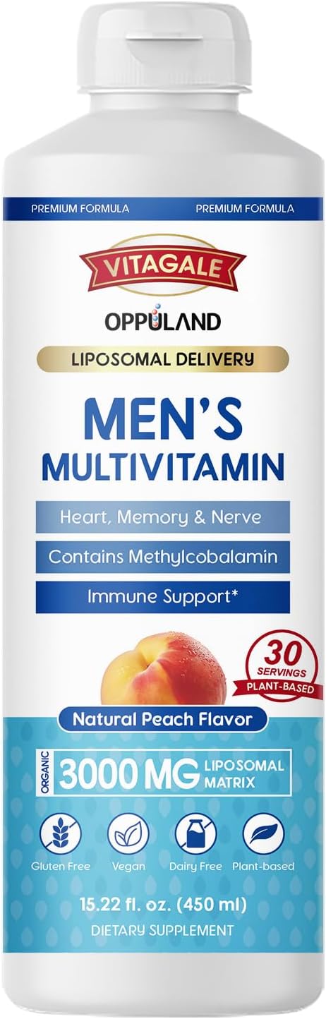Men’s Multivitamin Supplement with Natural Peach Flavor - Supports Heart, Memory, Nervous System, Omega 3, Liposomal, Biotin - 450ML