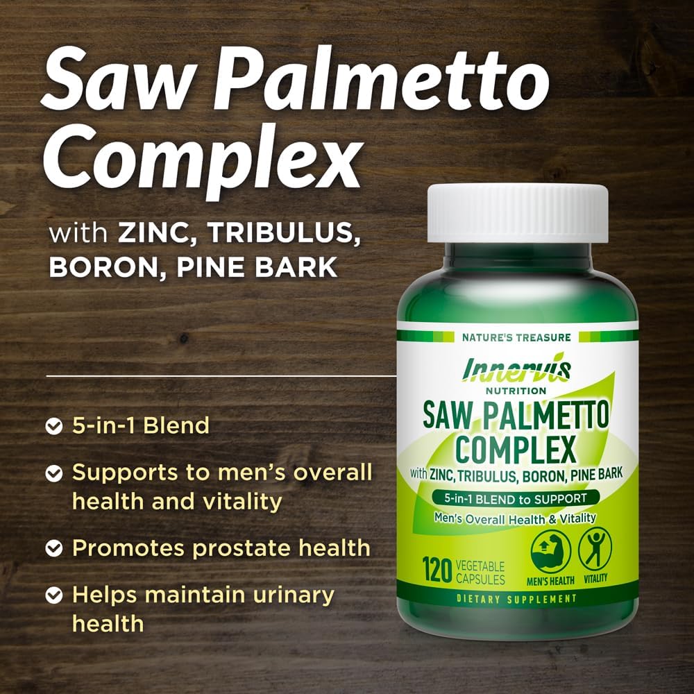 Men's Prostate Support Supplement - Saw Palmetto Complex with Zinc, Tribulus, Boron, Pine Bark - 120 Veg Caps - Urinary Health Boost