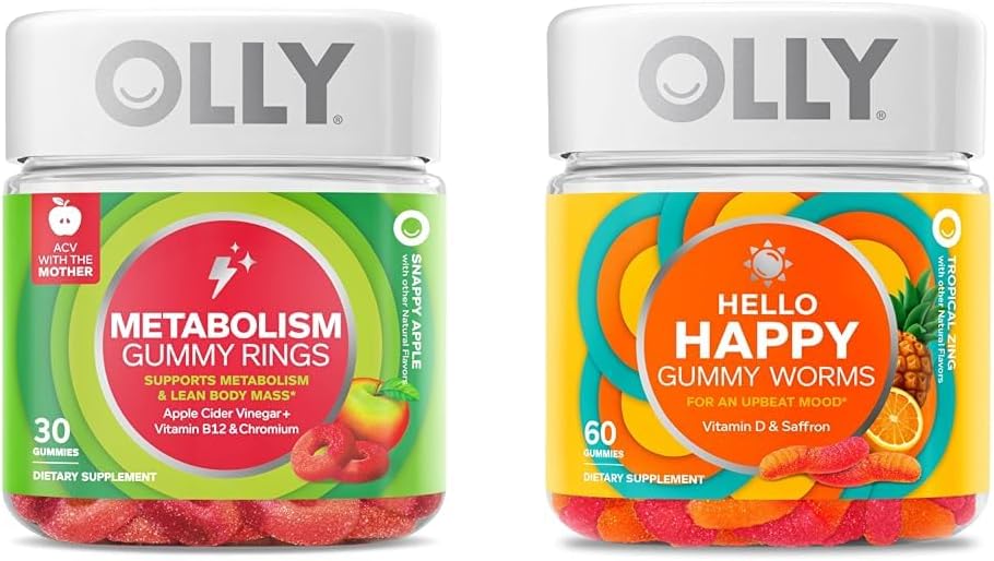 Metabolism Gummy Rings with Apple Cider Vinegar, Vitamin B12, and Chromium + Mood Balance Support Gummy Worms with Vitamin D and Saffron