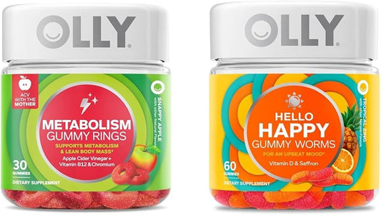 Metabolism Gummy Rings with Apple Cider Vinegar, Vitamin B12, and Chromium + Mood Balance Support Gummy Worms with Vitamin D and Saffron