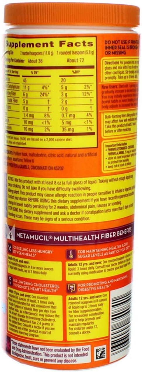Metamucil Psyllium Fiber Supplement Powder - Orange Sugar-Free Smooth Texture - 72 Doses