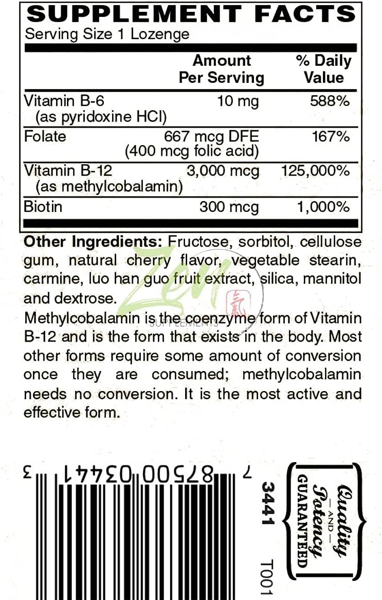 Methyl Vitamin B-12 Supplement with B6, Folate, Biotin for Cardiovascular Health, Immune System, Brain & Nerve Function - 50 Lozenges
