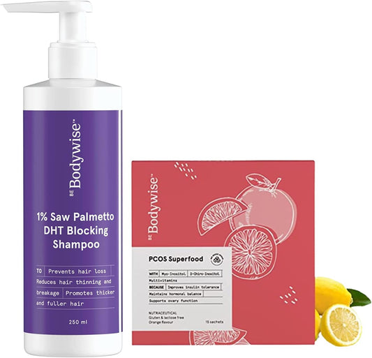 Metrol Be Bodywise PCOS Superfood & Saw Palmetto DHT Blocking Shampoo Combo for Women | 15 Sachets + 250 ml | 100% Vegetarian, Paraben & Sulfate Free