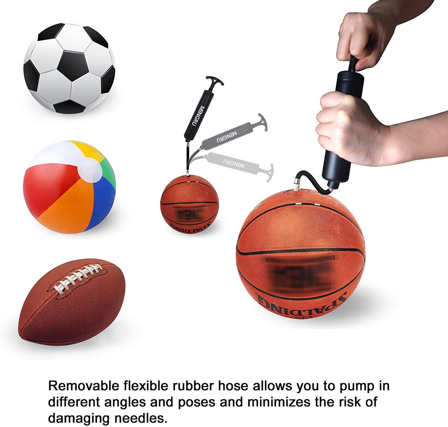 MINGRU Ball Pump Kit with Needles and Nozzles for Basketball, Soccer, Volleyball, Rugby, Water Polo & More - Compact Air Pump for Inflatables