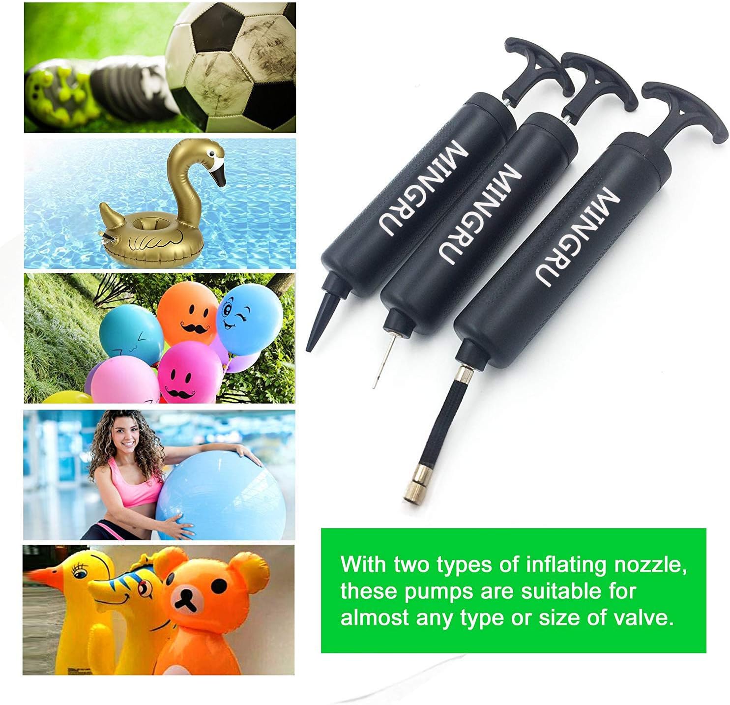 MINGRU Ball Pump Kit with Needles and Nozzles for Basketball, Soccer, Volleyball, Rugby, Water Polo & More - Compact Air Pump for Inflatables