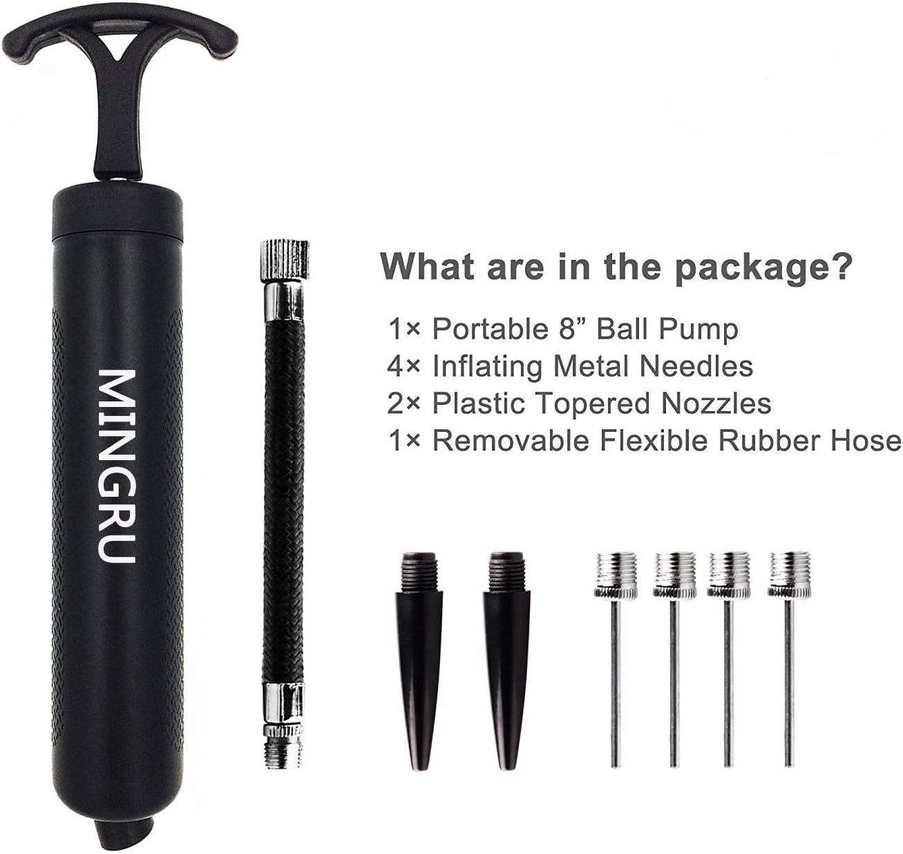 MINGRU Ball Pump Kit with Needles and Nozzles for Basketball, Soccer, Volleyball, Rugby, Water Polo & More - Compact Air Pump for Inflatables