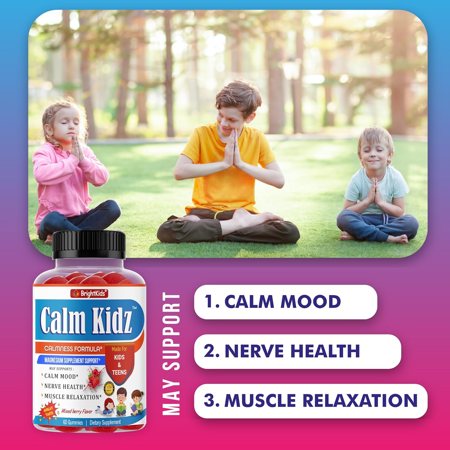 Mixed Berry Flavored Magnesium Calm Gummies for Kids, 60 Gummies, Supports Relaxation, Mood, Nerve Health & Muscle Relaxation