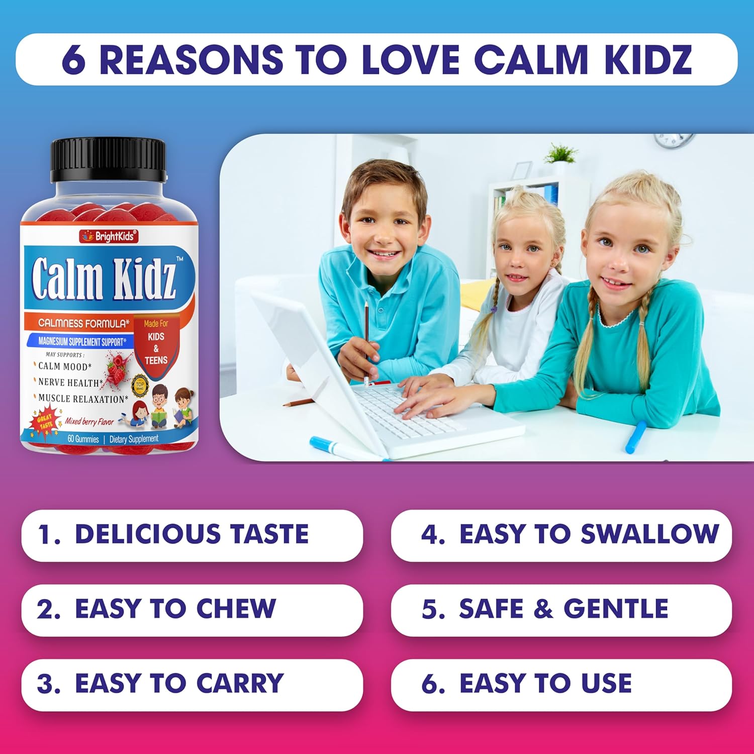 Mixed Berry Flavored Magnesium Calm Gummies for Kids, 60 Gummies, Supports Relaxation, Mood, Nerve Health & Muscle Relaxation