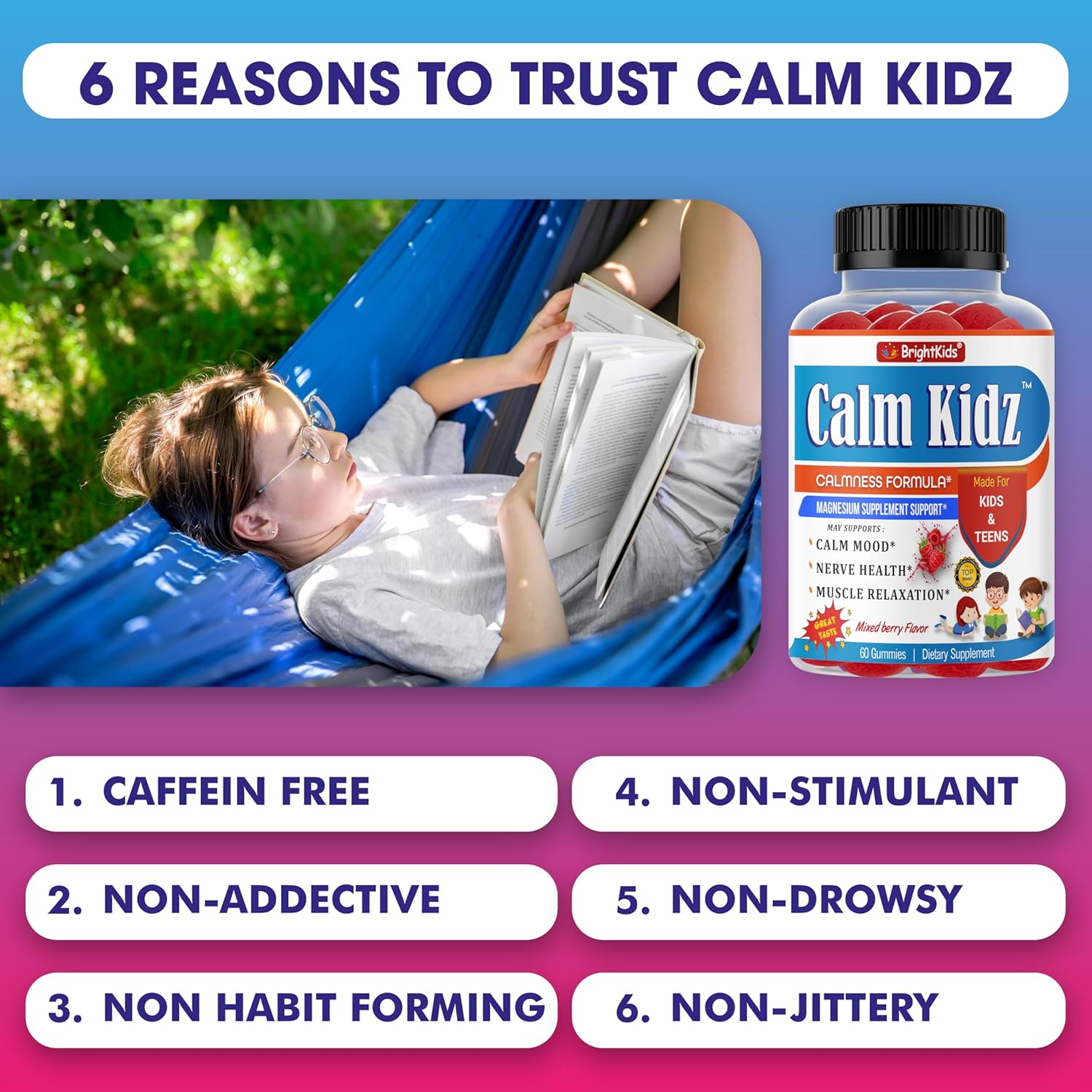 Mixed Berry Flavored Magnesium Calm Gummies for Kids, 60 Gummies, Supports Relaxation, Mood, Nerve Health & Muscle Relaxation