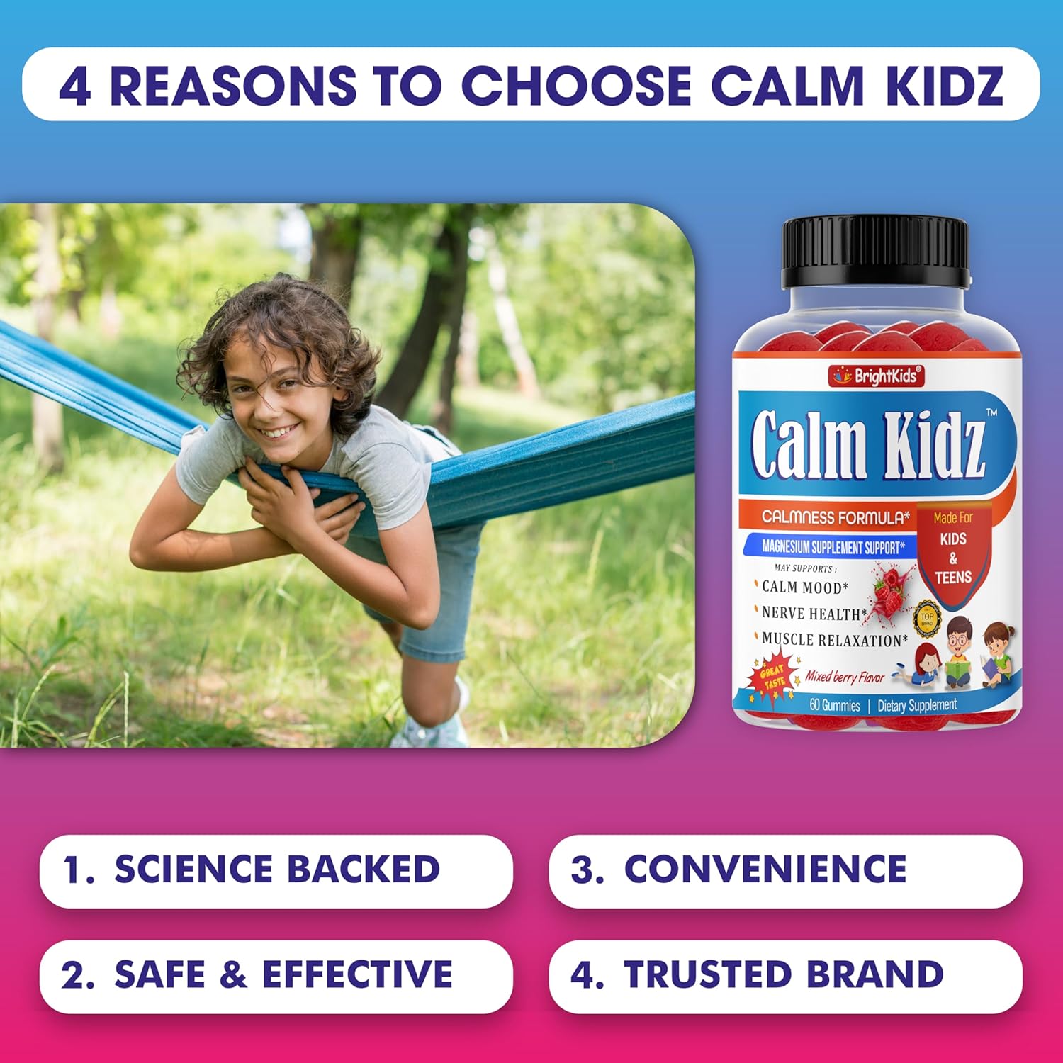 Mixed Berry Flavored Magnesium Calm Gummies for Kids, 60 Gummies, Supports Relaxation, Mood, Nerve Health & Muscle Relaxation