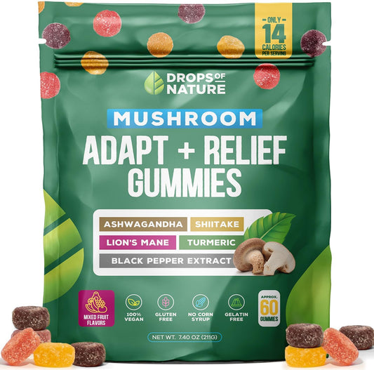 Mixed Fruits Ashwagandha & Turmeric Mushroom Gummies - Immunity & Digestion Support Vegan Supplements with Shiitake Mushroom, Turmeric Curcumin, Black Pepper, and Vitamin C Boost (60 Gummies)