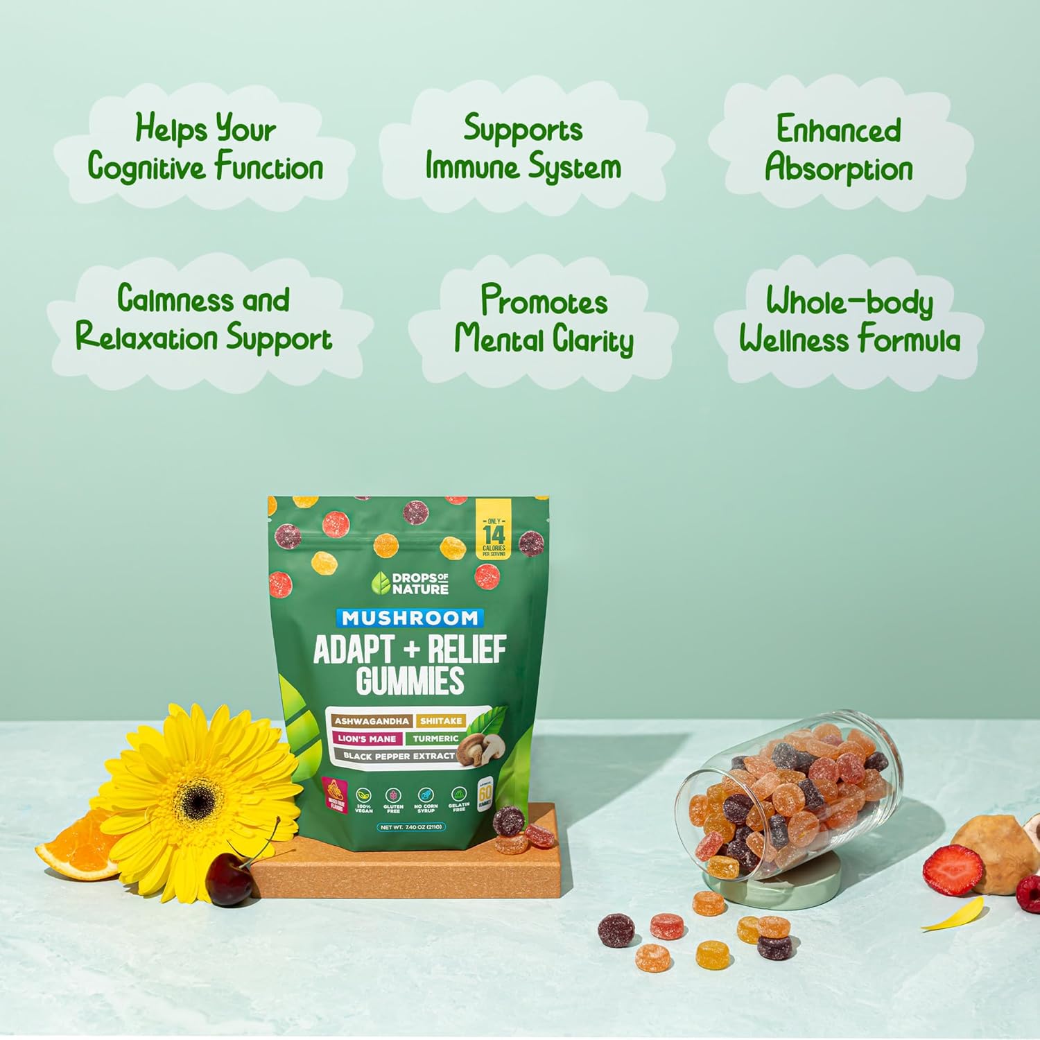 Mixed Fruits Ashwagandha & Turmeric Mushroom Gummies - Immunity & Digestion Support Vegan Supplements with Shiitake Mushroom, Turmeric Curcumin, Black Pepper, and Vitamin C Boost (60 Gummies)