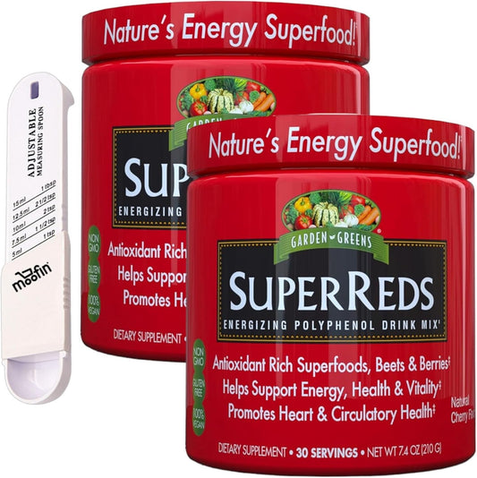 moofin Garden Greens Super Reds Polyphenol Drink Mix Bundle - 7.4 Oz Powder with Measuring Spoon - Antioxidant-Rich Berry Flavor for Heart & Immune Support - Pack of 2