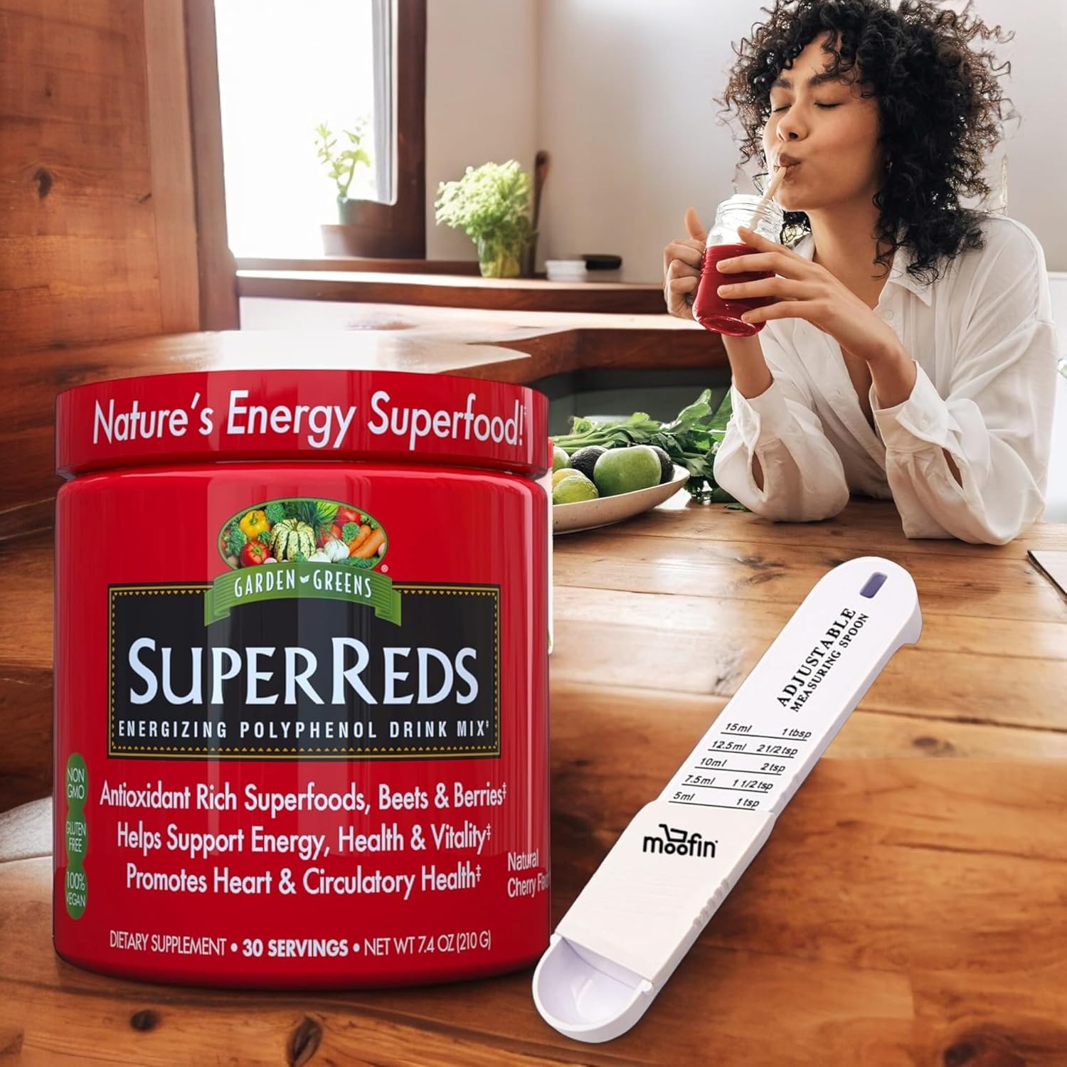 moofin Garden Greens Super Reds Polyphenol Drink Mix Bundle - 7.4 Oz Powder with Measuring Spoon - Antioxidant-Rich Berry Flavor for Heart & Immune Support - Pack of 2