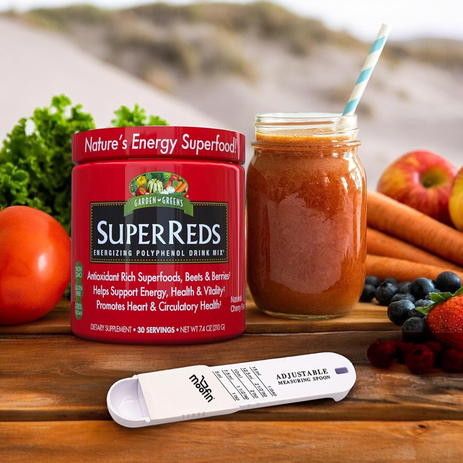 moofin Garden Greens Super Reds Polyphenol Drink Mix Bundle - 7.4 Oz Powder with Measuring Spoon - Antioxidant-Rich Berry Flavor for Heart & Immune Support - Pack of 2