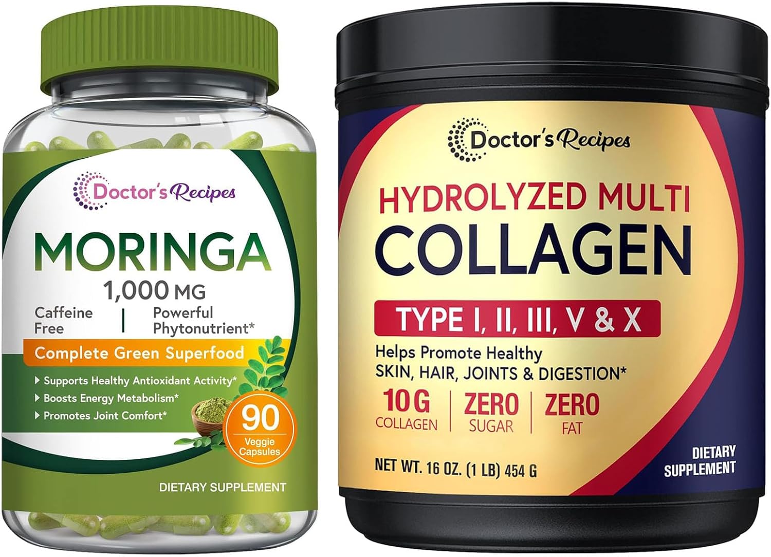 Moringa Capsules & Collagen Peptides Powder Bundle for Vegans, 90 Caps & 16oz Powder