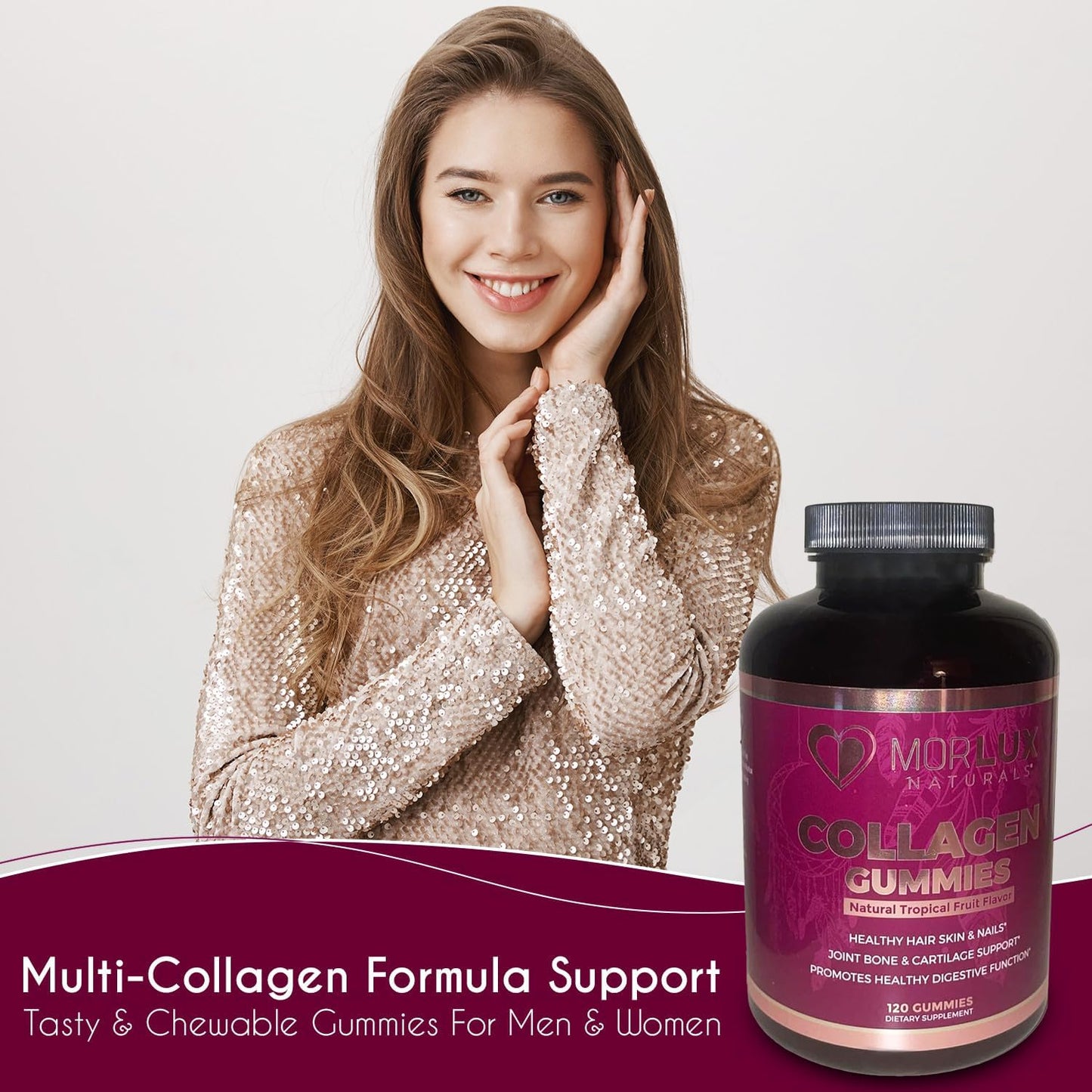 Morlux Naturals Collagen Peptide Gummies - Promotes Healthy Skin, Nails, Hair, Joints, Bones, and Digestion - 120 Gummies for Men and Women